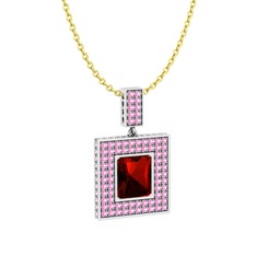 Garnet ve pembe kuvars 14 ayar beyaz altın kolye (40 cm altın rolo zincir)