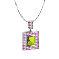Albera Kolye - Peridot ve pembe kuvars 8 ayar beyaz altın kolye (40 cm beyaz altın rolo zincir) #1sqsagp