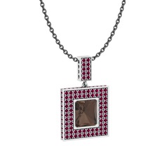 Dumanlı kuvars ve rodolit garnet 18 ayar beyaz altın kolye (40 cm gümüş rolo zincir)