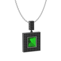 Albera Kolye - Yeşil kuvars ve siyah zirkon 925 ayar siyah rodyum kaplama gümüş kolye (40 cm gümüş rolo zincir) #1tiymc7
