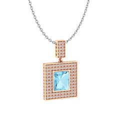 Akuamarin ve swarovski 925 ayar rose altın kaplama gümüş kolye (40 cm beyaz altın rolo zincir)