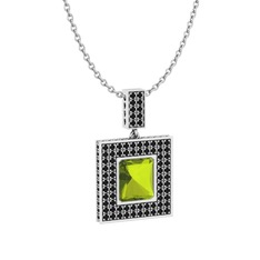 Peridot ve siyah zirkon 8 ayar beyaz altın kolye (40 cm beyaz altın rolo zincir)