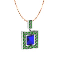 Lab safir ve yeşil kuvars 14 ayar beyaz altın kolye (40 cm rose altın rolo zincir)