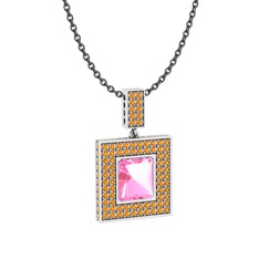 Pembe kuvars ve sitrin 8 ayar beyaz altın kolye (40 cm gümüş rolo zincir)