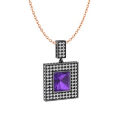 Albera Kolye - Ametist ve swarovski 925 ayar siyah rodyum kaplama gümüş kolye (40 cm rose altın rolo zincir) #1wyqgti