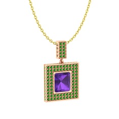 Ametist ve yeşil kuvars 18 ayar rose altın kolye (40 cm altın rolo zincir)