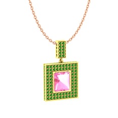 Pembe kuvars ve yeşil kuvars 18 ayar altın kolye (40 cm gümüş rolo zincir)