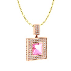 Pembe kuvars ve swarovski 18 ayar rose altın kolye (40 cm altın rolo zincir)