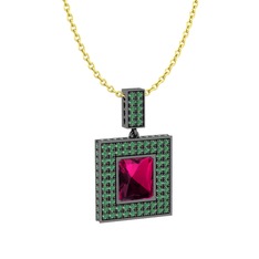 Albera Kolye - Rodolit garnet ve kök zümrüt 925 ayar siyah rodyum kaplama gümüş kolye (40 cm altın rolo zincir) #1xzvxj0