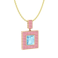 Akuamarin ve pembe kuvars 8 ayar rose altın kolye (40 cm altın rolo zincir)