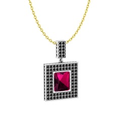 Rodolit garnet ve siyah zirkon 18 ayar beyaz altın kolye (40 cm altın rolo zincir)