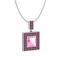 Pembe kuvars ve rodolit garnet 14 ayar beyaz altın kolye (40 cm beyaz altın rolo zincir)