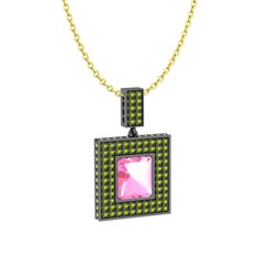Pembe kuvars ve peridot 925 ayar siyah rodyum kaplama gümüş kolye (40 cm gümüş rolo zincir)