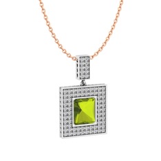 Peridot ve beyaz zirkon 925 ayar gümüş kolye (40 cm rose altın rolo zincir)
