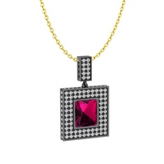Albera Kolye - Rodolit garnet ve beyaz zirkon 925 ayar siyah rodyum kaplama gümüş kolye (40 cm altın rolo zincir) #1ysx4cm