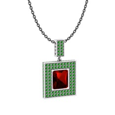 Garnet ve yeşil kuvars 14 ayar beyaz altın kolye (40 cm gümüş rolo zincir)
