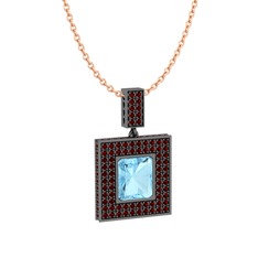 Akuamarin ve garnet 925 ayar siyah rodyum kaplama gümüş kolye (40 cm rose altın rolo zincir)