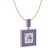 Swarovski ve ametist 14 ayar beyaz altın kolye (40 cm rose altın rolo zincir)