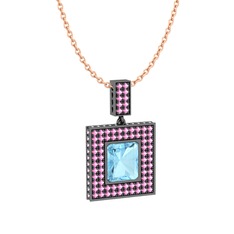 Akuamarin ve pembe kuvars 925 ayar siyah rodyum kaplama gümüş kolye (40 cm rose altın rolo zincir)