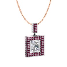 Swarovski ve rodolit garnet 14 ayar beyaz altın kolye (40 cm rose altın rolo zincir)