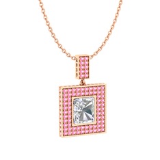 Swarovski ve pembe kuvars 18 ayar rose altın kolye (40 cm rose altın rolo zincir)