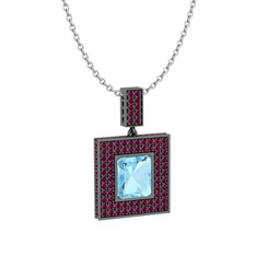 Albera Kolye - Akuamarin ve rodolit garnet 925 ayar siyah rodyum kaplama gümüş kolye (40 cm beyaz altın rolo zincir) #3r298w