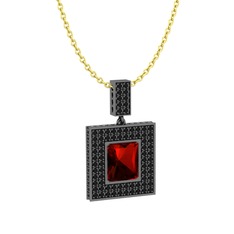 Garnet ve siyah zirkon 925 ayar siyah rodyum kaplama gümüş kolye (40 cm gümüş rolo zincir)