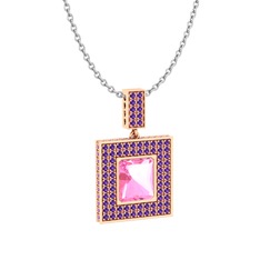Albera Kolye - Pembe kuvars ve ametist 925 ayar rose altın kaplama gümüş kolye (40 cm beyaz altın rolo zincir) #3x74uf