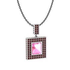 Albera Kolye - Pembe kuvars ve garnet 14 ayar beyaz altın kolye (40 cm gümüş rolo zincir) #400xre
