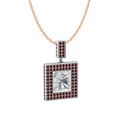 Beyaz zirkon ve garnet 925 ayar gümüş kolye (40 cm rose altın rolo zincir)