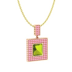 Albera Kolye - Peridot ve pembe kuvars 18 ayar rose altın kolye (40 cm altın rolo zincir) #59puai