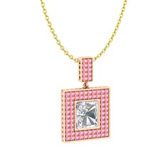 Swarovski ve pembe kuvars 8 ayar rose altın kolye (40 cm altın rolo zincir)