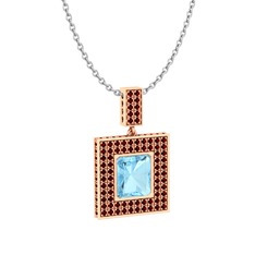 Akuamarin ve garnet 925 ayar rose altın kaplama gümüş kolye (40 cm beyaz altın rolo zincir)