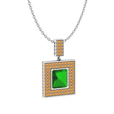 Albera Kolye - Yeşil kuvars ve sitrin 14 ayar beyaz altın kolye (40 cm gümüş rolo zincir) #6meqa5