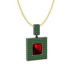 Garnet ve yeşil kuvars 925 ayar siyah rodyum kaplama gümüş kolye (40 cm altın rolo zincir)