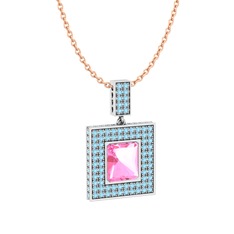 Pembe kuvars ve akuamarin 14 ayar beyaz altın kolye (40 cm rose altın rolo zincir)