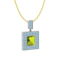 Peridot ve akuamarin 8 ayar beyaz altın kolye (40 cm altın rolo zincir)