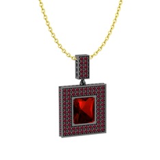 Garnet ve kök yakut 925 ayar siyah rodyum kaplama gümüş kolye (40 cm altın rolo zincir)