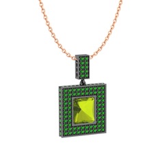 Albera Kolye - Peridot ve yeşil kuvars 925 ayar siyah rodyum kaplama gümüş kolye (40 cm rose altın rolo zincir) #7nfsha