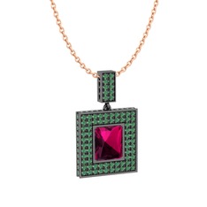 Albera Kolye - Rodolit garnet ve kök zümrüt 925 ayar siyah rodyum kaplama gümüş kolye (40 cm rose altın rolo zincir) #7xb1wi