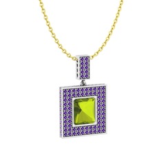 Peridot ve ametist 18 ayar beyaz altın kolye (40 cm altın rolo zincir)