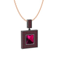 Albera Kolye - Rodolit garnet ve kök yakut 925 ayar siyah rodyum kaplama gümüş kolye (40 cm rose altın rolo zincir) #835gn3