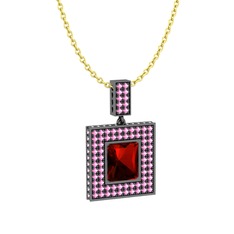 Albera Kolye - Garnet ve pembe kuvars 925 ayar siyah rodyum kaplama gümüş kolye (40 cm altın rolo zincir) #8k42li