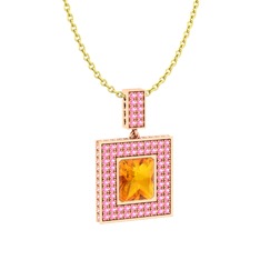 Sitrin ve pembe kuvars 8 ayar rose altın kolye (40 cm altın rolo zincir)