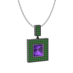 Albera Kolye - Ametist ve yeşil kuvars 925 ayar siyah rodyum kaplama gümüş kolye (40 cm beyaz altın rolo zincir) #96e2ln