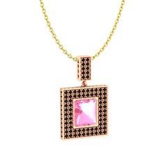Pembe kuvars ve siyah zirkon 14 ayar rose altın kolye (40 cm altın rolo zincir)