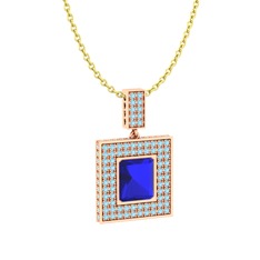 Lab safir ve akuamarin 18 ayar rose altın kolye (40 cm gümüş rolo zincir)