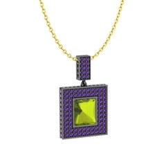 Peridot ve ametist 925 ayar siyah rodyum kaplama gümüş kolye (40 cm altın rolo zincir)