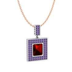 Garnet ve ametist 8 ayar beyaz altın kolye (40 cm rose altın rolo zincir)