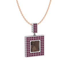 Dumanlı kuvars ve rodolit garnet 14 ayar beyaz altın kolye (40 cm rose altın rolo zincir)